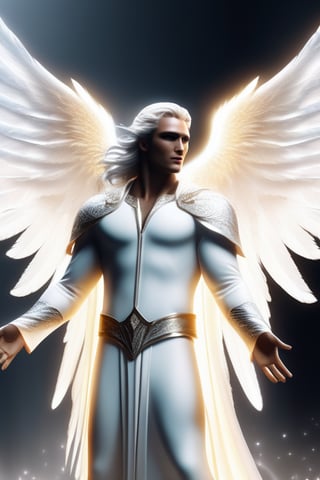 Full body, angel man, unadorned white robe, white long fluffy hair, epic pose, Heavenly background, perfectly detailed on big glowing angel wings, Super detail, character highly detailed, character sheets, Detailed, sharp focus, Super detailed full body, 8k resolution, Only a reality graphic, epic background, perfect bright skin, epic pose, epic look, lights, sparkles, heaven, perfect face, cinematic