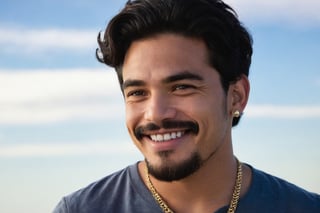 solo, looking at viewer, smile, shirt, black hair, 1boy, jewelry, male focus, earrings, sky, teeth, black eyes, facial hair, beard, realistic, mustache, real life,Portrait