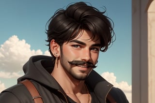 solo, looking at viewer, smile, shirt, black hair, 1boy, jewelry, male focus, earrings, sky, teeth, black eyes, facial hair, beard, realistic, mustache, real life insert,3D MODEL