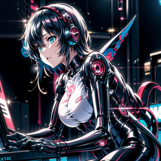 Female Ninja,working on laptop,cyberpunk style,headphones,listening to music,lofi background,keyboard,mouse,LED lights,(best quality,4k,8k,highres,masterpiece:1.2),ultra-detailed,(realistic,photorealistic:1.37),mecha