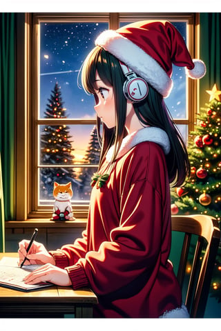 An illustration of a LOFI girl in a Christmas atmosphere, studying by a window in the early morning, in a style that can be either semi-realistic or anime. She is shown in profile, looking down at her homework with her right hand writing. She's wearing headphones and a Christmas hat, immersed in her music. Beside her is a Japanese Maneki-neko (lucky cat) with its left paw raised. The room has a cozy, festive ambiance. Outside the window, there's a view of Mount Fuji, a cluster of small houses, and numerous Christmas trees, capturing the essence of a Christmas morning. The image is ideal for a LOFI music background, 
