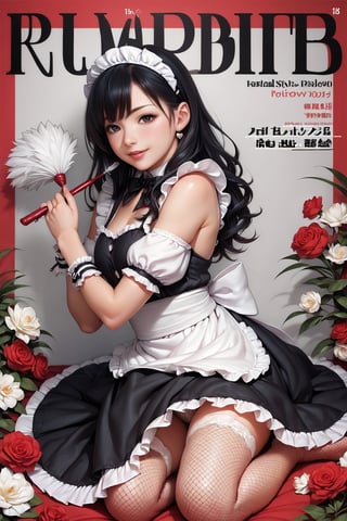 score_9, score_8_up, score_7_up,  1girl, maid, black hair, long hair, seducing viewer, feather duster, heart, curvy, maid headband, looking at the viewer, female focus, fishnets, posing, flowers, kneeling, red theme, from behind, magazine cover, ,Maid uniform