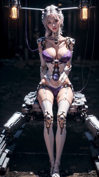 (((Masterpiece)))), (((highest quality)))), ((Ultra Definition)), (Very Detailed Photoreality), (((Very Delicate and Beautiful)), (Delicate and Pretty Face),  (((gigantic breast))), Cinematic Light, (((1 Machine Girl)), Solo, Full Body, Big, Cleavage Is Visible Skin, White Hair, Purple Eyes, Luminous Eyes, (Mechanical Joint: 1.4), (Mechanical limbs)), (Blood vessels connected to tubes), (( Mechanical vertebrae attached to the back)), ((Cervical vertebrae of the machine) attached to the neck)), (((sitting)), expressionless, (wires and cables attached to the head and body: 1.5), (character focus), small LED lamps on the body, Evangelion, SF, metallic body, detailed neon,机甲少女