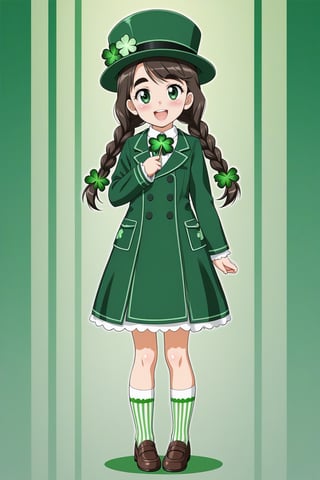 St. Patrick's Day, celts, Clover, formal hat, 1girl, green_eyes, hat, open_mouth, smile, long_hair, flower, standing, :d, holding, striped, long_sleeves, black_hair, full_body, solo, white_legwear, socks, leaf, striped_background, shoes, brown_footwear, blush, white_flower, twin_braids, vertical_stripes, looking_at_viewer, green_headwear, thick_eyebrows, dress, coat, braid, green_footwear, shirt, very_long_hair,Butterfly Style,Lucky Clover