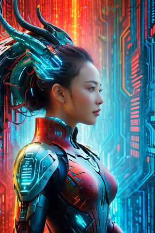 FuturEvoLab Masterful Creation, 8K Ultra HD Quality, Woman Silhouette In Binary, Vivid Color Spectrum, Electric Blues, Radiant Reds, Organic And Digital Blend, Dynamic Lines Of Code, Artistic Fusion, Highly Detailed, Colorful Binary Code Energy, Mecha, Chinese Dragon, 
