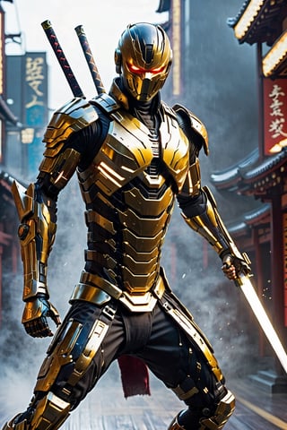 Robot ninja, military grade cyborg suit, jet-black streamlined body, extremely elaborate, precise flat, glowing katana, swiftly wielded sword slicing through enemies at lightning speed, sharp blade glinting in the sunlight at the moment, ,kabuki,glowing sword,cyborg,Ninja,ink,action shot,Gold