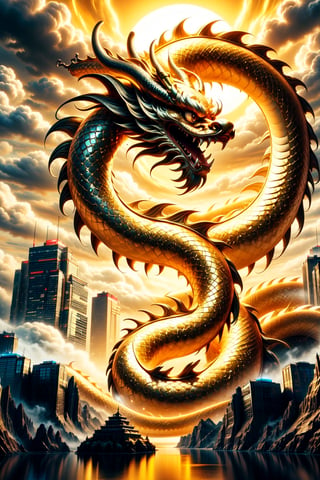 A cyberpunk-style scene featuring a colossal Chinese dragon with a serpent-like body and eagle claws, set in a futuristic cityscape. The dragon is intricately detailed, with neon lights accentuating its scales and cybernetic enhancements embedded along its body, reflecting the fusion of organic and technological elements. Its eagle claws are sharply defined, adding to its formidable presence. The backdrop is a neon-lit city with towering skyscrapers, holographic signs, and a network of flying vehicles, embodying the essence of a cyberpunk metropolis.
(Masterpiece, Best Quality, 8k:1.2), (Ultra-Detailed, Highres, Extremely Detailed, Absurdres, Incredibly Absurdres, Huge Filesize:1.1), (Anime Style:1.3), , Golden oriental dragon,Cyberpunk,Golden Chinese Dragon