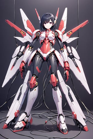 1girl, beautiful face, pale skin, black_hair, medium hair, smiling face, holding a plug with cable, robotic body, full body, sitting, wires, robotic legs, robotics arms, robotic body, robotic hands, futiristic, robotic, mechanical, armored, standing, expressionless face, damaged robotic body, black_robotic_body, alone, (plug and wires), straight leg, ,Fire Angel Mecha