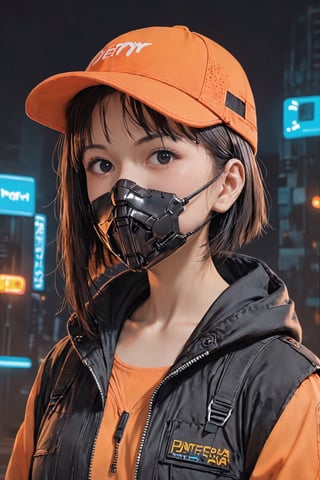 1girl, solo, looking at viewer, short hair, black hair, hat, jacket, upper body, hood, black eyes, mask, helmet, mouth mask, orange headwear, orange theme, cyberpunk,FuturEvoLab-girl,FuturEvoLab-mecha,FuturEvoLab-Bunny