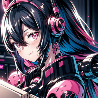 Female Ninja,Black mask,Close-up, Pink horsetail, sweet smile, lovely,working on laptop,cyberpunk style,headphones,listening to music,lofi background,keyboard,mouse,LED lights,(best quality,4k,8k,highres,masterpiece:1.2),ultra-detailed,(realistic,photorealistic:1.37),mecha,urban techwear,outfit,3DMM