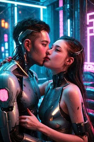 In Cyberpunk Couples Hotel, a man is kissing a woman's mouth, wet kissing, and neon lights are shining on two couples. A woman's mouth is very open and comfortable. Kiss of Cyborg