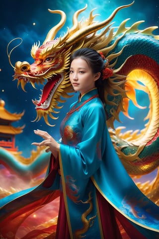elegant young girl, traditional Chinese dragon, vibrant colors, majestic pose, flying motion, intricate dragon scales, flowing garments, silk textures, celestial background, ornate details, fantasy theme, ethereal atmosphere, dynamic composition, rich cultural elements, mythical vibe, (masterpiece: 2), best quality, ultra highres, original, extremely detailed, perfect lighting,Chinese Dragon,Katon,aotac,daxiushan