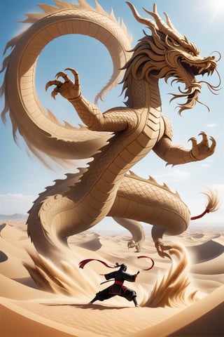 A ninja in realistic style performing Earth-style ninjutsu in the desert, summoning a grand and massive Chinese dragon made of sand and earth. The dragon twists and curls majestically through the air, its form detailed and intricate, reflecting the power and precision of the ninja's control. The desert landscape stretches far into the background, with dunes and the clear sky enhancing the scene's epic nature. This moment captures the essence of ancient mysticism blended with martial prowess.