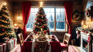 Christmas tea, window overlooking a magical forest, curtains on the window, magic, Christmas background, Mysterious, Mysterious,Christmas Room,Santa Claus