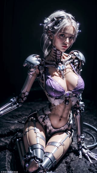(((Masterpiece)))), (((highest quality)))), ((Ultra Definition)), (Very Detailed Photoreality), (((Very Delicate and Beautiful)), (Delicate and Pretty Face),  (((gigantic breast))), Cinematic Light, (((1 Machine Girl)), Solo, Full Body, Big, Cleavage Is Visible Skin, White Hair, Purple Eyes, Luminous Eyes, (Mechanical Joint: 1.4), (Mechanical limbs)), (Blood vessels connected to tubes), (( Mechanical vertebrae attached to the back)), ((Cervical vertebrae of the machine) attached to the neck)), (((sitting)), expressionless, (wires and cables attached to the head and body: 1.5), (character focus), small LED lamps on the body, Evangelion, SF, metallic body, detailed neon,机甲少女