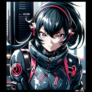 Female Ninja,working on laptop,cyberpunk style,headphones,listening to music,lofi background,keyboard,mouse,LED lights,(best quality,4k,8k,highres,masterpiece:1.2),ultra-detailed,(realistic,photorealistic:1.37),mecha,urban techwear