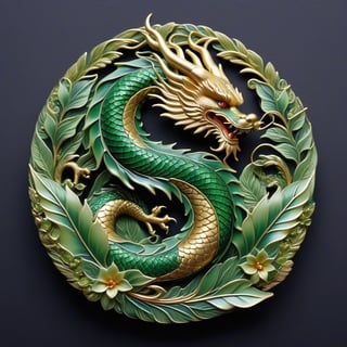 Score_9, Score_8_up, Score_7_up, Score_6_up, Score_5_up, Score_4_up, masterpiece, best quality,
BREAK
(FuturEvoLabBadge:1.5), Fresh green style badge,
BREAK
Chinese dragon, 
BREAK
front view, intricate design, symmetrical pattern, surrounded by leaves, intricate details, natural elements, serene expression, soft lighting, green and earthy tones, botanical theme, ethereal atmosphere, modern and organic blend emblem, vibrant hues, black background, FuturEvoLabBadge, FuturEvoLabgirl,Chinese Dragon