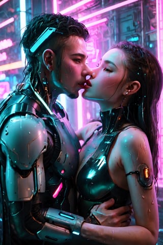 In Cyberpunk Couples Hotel, a man is kissing a woman's mouth, wet kissing, and neon lights are shining on two couples. A woman's mouth is very open and comfortable. Kiss of Cyborg