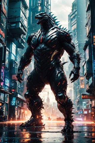 (Masterpiece:1.5), (Best quality:1.5), Godzilla, full body, Cyberpunk style, facing the viewer, Godzilla tail, roar, laser, daytime., Doton, Cyberpunk