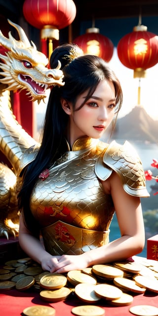 Festive atmosphere of Chinese New Year, surrounded by treasure, chests, and various gold coins, on top of the gold coins a shining golden dragon, a girl in dragon armor protected by the golden dragon, gazing at the distant sunrise, grand and magnificent scene, by FuturEvoLab, (masterpiece: 2), best quality, ultra highres, original, extremely detailed, perfect lighting, rich colors, luxurious and celebratory environment