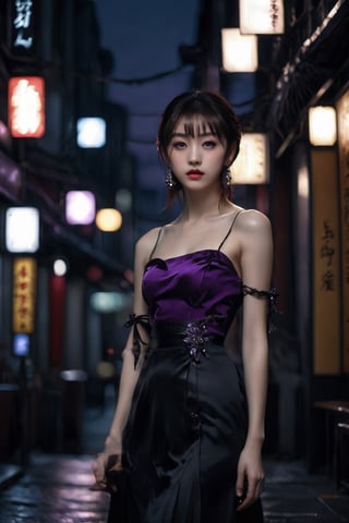 Japanese Girl, 1girl, Alone, Piercing Gaze, Sleek Hair, Elegant Jewelry, Modest Bust, Poised, Purple Iris, Intricate Braid, Lace Black Gown, Sheer Black Tights, Glossy Black Heels, Urban Nightlife, Silver Earrings, City Lights, Mysterious Atmosphere, Score_9, Score_8_up, Score_7_up, Score_6_up, Score_5_up, Score_4_up, Highres, Photorealistic, Sharp Focus, Ultra-detailed