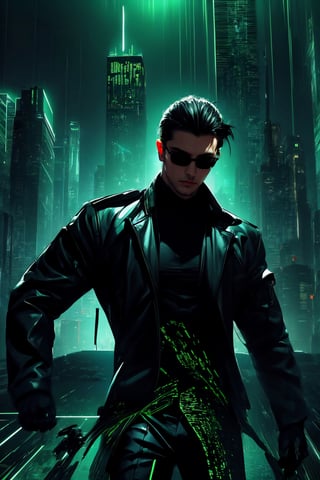 high-definition, dynamic, action-packed, 
1man, Matrix style, leaping, mid-air, all-black suit, black glasses, athletic build, intense expression, 
urban skyline, futuristic cityscape, dark ambiance, digital code rain, neon lights, gorgeous movements, Code matrix cascading from top to bottom, by FuturEvoLab, 
gravity-defying, cyberpunk atmosphere, surreal, digital world, ,Matrix