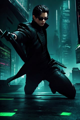 high-definition, dynamic, action-packed, 
1man, Matrix style, leaping, mid-air, all-black suit, black glasses, athletic build, intense expression, 
urban skyline, futuristic cityscape, dark ambiance, digital code rain, neon lights, gorgeous movements, Code matrix cascading from top to bottom, by FuturEvoLab, 
gravity-defying, cyberpunk atmosphere, surreal, digital world, ,Matrix