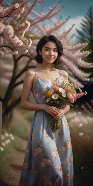 a beautiful award winning full length portrait of a dusky maiden wearing a chic floral dress, she is outdoors, holding a dainty bouquet of precisely arranged wild flowers, minimalistic composition, very dramatic lighting, in the style of Wes Anderson, hints of David Lynch, rule of thirds, Hasselblad X2D, portrait lens, magical mood,Sakura