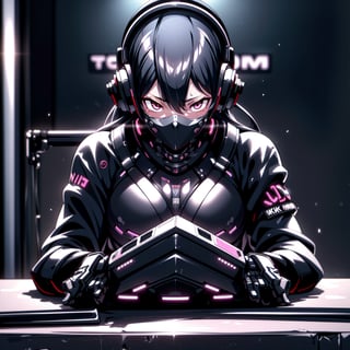 Female Ninja,Black mask,lovely,working on laptop,cyberpunk style,headphones,listening to music,lofi background,keyboard,mouse,LED lights,(best quality,4k,8k,highres,masterpiece:1.2),ultra-detailed,(realistic,photorealistic:1.37),mecha,urban techwear,outfit,3DMM