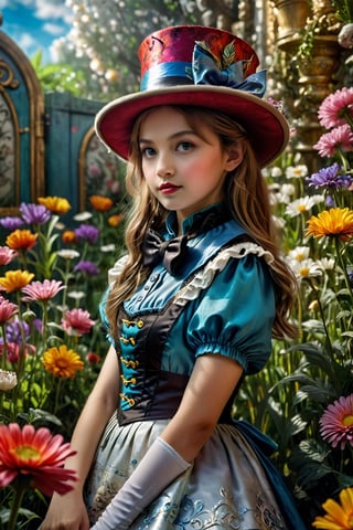 Alice in Wonderland background, 1 girl, cladding in a colorful waistcoat and donning an whimsically decorated (top hat adorned with flowers).fantasy, (garden tea party), (Cinematic lighting, ethereal light, intricate details, extremely detailed, incredible details, full colored), complex details, hyper maximalist, gorgeous light and shadow, detailed decoration, detailed lines. masterpiece, best quality, HDR, UHD, unreal engine. looking at the camera, fair skin, beautiful face,Mireiyu,simplecats