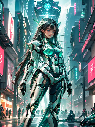 Masterpiece, High quality, 64K, Unity 64K Wallpaper, HDR, Best Quality, RAW, Super Fine Photography, Super High Resolution, Super Detailed, 
Beautiful and Aesthetic, Stunningly beautiful, Perfect proportions, 
1girl, Solo, White skin, Detailed skin, Realistic skin details, (Mecha:1.5)
Futuristic Mecha, Arms Mecha, Dynamic pose, Battle stance, Swaying hair, by FuturEvoLab, 
Dark City Night, Cyberpunk City, Cyberpunk architecture, Future architecture, Fine architecture, Accurate architectural structure, Detailed complex busy background, Gorgeous, Cherry blossoms,
Sharp focus, Perfect facial features, Pure and pretty, Perfect eyes, Lively eyes, Elegant face, Delicate face, Exquisite face, Green Crystal Mecha, 