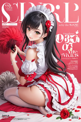 score_9, score_8_up, score_7_up,  1girl, maid, black hair, long hair, seducing viewer, feather duster, heart, curvy, maid headband, looking at the viewer, female focus, fishnets, posing, flowers, kneeling, red theme, from behind, magazine cover, ,Maid uniform