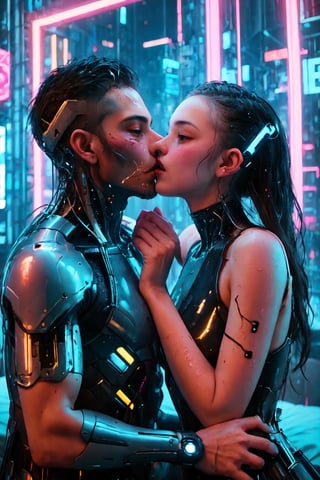 In Cyberpunk Couples Hotel, a man is kissing a woman's mouth, wet kissing, and neon lights are shining on two couples. A woman's mouth is very open and comfortable. Kiss of Cyborg