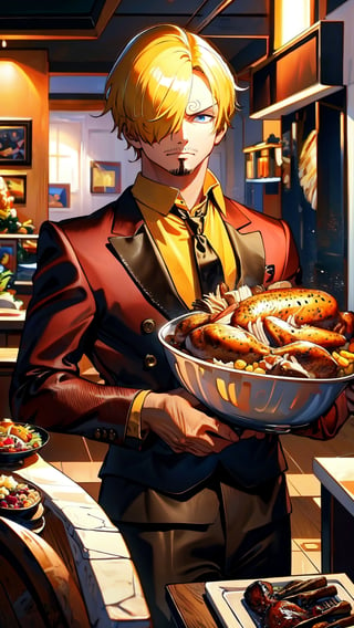 8k, best quality, ultra high res, masterpiece, , sanji2, suit, hair_over_one_eye, yellow hair, eyebrow, black shirts, necktie, Burgundy jacket, facial hair, cowboy shot, cooking, Thanksgiving turkey, roasted turkey, Cyberpunk