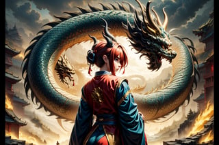 3-view character design of 1 girl, masterful, long intricate horns inspired by dragon year, dragon-themed attire with glass elements, looking at viewer, Chinese girl with goth style, sfw, complex background, rock_2_img, bg_imgs, golden color, incorporating game character design elements, emphasizing Chinese dragon themes, front, side, and back views, detailed and intricate design, by FuturEvoLab, (masterpiece: 2), best quality, ultra highres, original, extremely detailed, perfect lighting,Chinese dragon,Head down, Golden oriental dragon