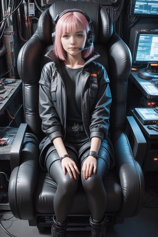 Score_9, Score_8_up, Score_7_up, Score_6_up, Score_5_up, Score_4_up, masterpiece, best quality, 
BREAK
1girl, solo, upper body, Beauty, beautiful eyes, long eyelashes, black eyes, cyberpunk girl, futuristic girl, cyberpunk coat, VR, Vision Pro, headset, brain chip connector, symmetrical image, looking at the viewer, 
BREAK
green theme, girl sitting in front, sitting in the armchair, sitting in a cyberpunk armchair, surrounded by cables and screens, 
platform heel shoes, short bob hair, pink hair, 
BREAK
cyberpunk room, aviation full of screens and cables, pipes and ventilation ducts, night, cyberpunk city, dark atmosphere, dark horror atmosphere, FuturEvoLabCyberpunk, FuturEvoLabGirl, FuturEvoLab, FuturEvoLabgirl, FuturEvoLabMecha