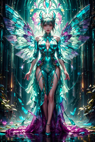 dreamlike acrylic painting, mesmerizing ethereal girl with bioluminescent body, otherworldly glow illuminating darkness, elegant translucent wings like delicate stained glass, wings reflecting vibrant hues of turquoise and amethyst, fragile yet resilient form floating in air, serene and captivating presence, stunning image with masterful brushstrokes, meticulous attention to detail, showcasing exceptional talent, vibrant butterfly wings, by FuturEvoLab, (masterpiece: 2), best quality, ultra highres, original, extremely detailed, perfect lighting