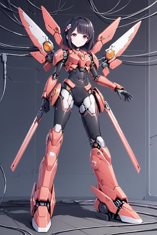 1girl, beautiful face, pale skin, black_hair, medium hair, smiling face, holding a plug with cable, robotic body, full body, sitting, wires, robotic legs, robotics arms, robotic body, robotic hands, futiristic, robotic, mechanical, armored, standing, expressionless face, damaged robotic body, black_robotic_body, alone, (plug and wires), straight leg, ,Fire Angel Mecha
