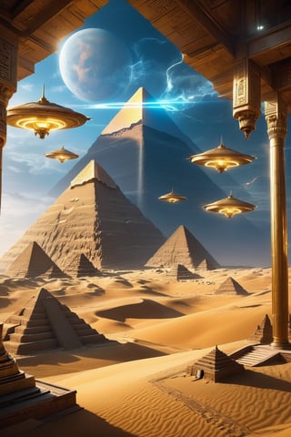 Experience the wonder of ancient Egypt with a modern twist - imagine UFOs soaring above the majestic pyramids, their otherworldly lights casting an eerie glow on the sand below.,Chinese dragon,Cyberpunk,Golden Warrior Mecha