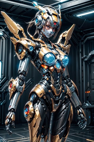 ((high resolution)), ((8K)), ((incredibly absurdres)), break. (super detailed metallic skin), (an extremely delicate and beautiful:1.3), break, ((1robot:1.5)), ((slender body)), (medium breasts), (beautiful hand), ((metallic body:1.3)), ((cyber helmet with full-face mask:1.4)), break. ((no hair:1.3)) , (blue glowing lines on one's body:1.2), break. ((intricate internal structure)), ((brighten parts:1.5)), break. ((robotic face:1.2)), (robotic arms), (robotic legs), (robotic hands), ((robotic joint:1.2)), (Cinematic angle), (ultra-fine quality), (masterpiece), (best quality), (incredibly absurdres), (highly detailed), high res, high detail eyes, high detail background, sharp focus, (photon mapping, radiosity, physically-based rendering, automatic white balance), masterpiece, best quality, ((Mecha body)), furure_urban, incredibly absurdres, science fiction, Fire Angel Mecha,Golden Warrior Mecha