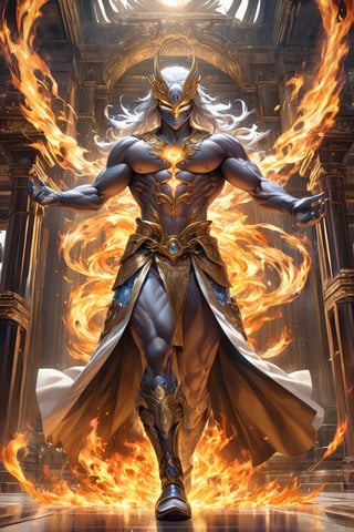 Envision a man with flowing short white hair and golden half mask, blue eyes, looking at viewer, wore a silver colored robe with glowing totemic embroidery, refined muscular body, standing on palace interior full of gold, exquisite details and texture, detailed face, anatomy correct, best quality, ultra detailed, photorealistic, capturing the essense of ancient and immortality, rage fire, hellfire, blue flame,Doton,Ninja