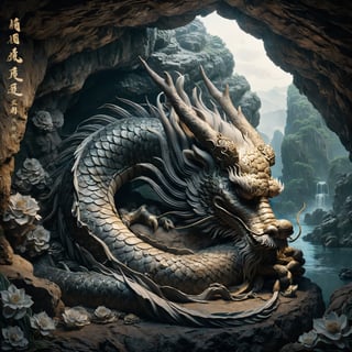 Chinese dragon sleeping in a deep ancient cave, head bowed, dignified and introspective, subdued yet detailed, humble posture with profound symbolism, in a serene and mystical mountain setting, representing repentance and solemn introspection, embodying wisdom and humility, textured scales, serene and thoughtful expression, by FuturEvoLab, (Masterpiece, Best Quality, 8k:1.2), (Ultra-Detailed, Highres, Extremely Detailed, Absurdres, Incredibly Absurdres, Huge Filesize:1.1), deep mountain cave, ancient and mystical ambiance