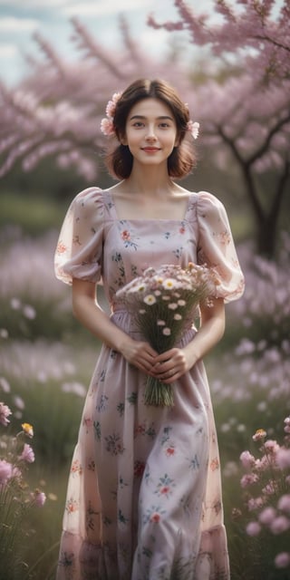 a beautiful award winning full length portrait of a dusky maiden wearing a chic floral dress, she is outdoors, holding a dainty bouquet of precisely arranged wild flowers, minimalistic composition, very dramatic lighting, in the style of Wes Anderson, hints of David Lynch, rule of thirds, Hasselblad X2D, portrait lens, magical mood,Sakura