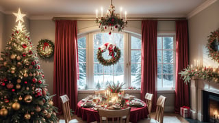 Christmas tea, window overlooking a magical forest, curtains on the window, magic, Christmas background, Mysterious, Mysterious,Christmas Room,Santa Claus