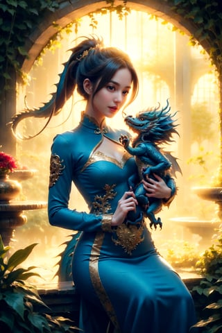 a girl in a garden, illustration, cute baby dragon, fairy tale theme, detailed wings, vibrant colors, soft lighting, high resolution, anime style, depicting a magical interaction, enchanting atmosphere, lush garden setting, playful and whimsical, girl and dragon in a joyful moment, by FuturEvoLab, (masterpiece: 2), best quality, ultra highres, original, extremely detailed, perfect lighting, harmonious color palette,Chinese dragon