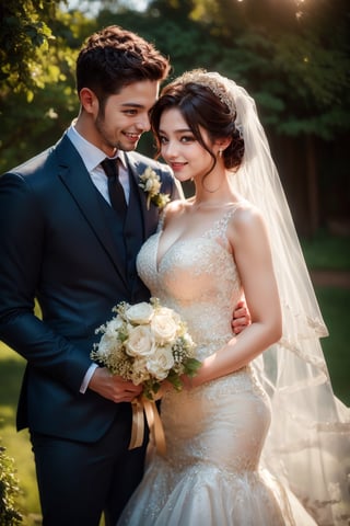 (masterpiece, high quality:1.5), (8K, HDR), 
1girl, 1boy, A breath-takingly romantic and stunning wedding photo, featuring a bride and groom. The couple is captured in a loving embrace, bathed in golden sunlight that highlights their beaming smiles and flowing white attire. The image, likely a photograph, exudes pure bliss and elegance, as the intricate lace details of the bride's dress shimmer, and the groom's tailored suit exudes sophistication. Every detail, from the intricate bouquet to the picturesque background, radiates a sense of timeless beauty and love. This enchanting portrait truly captures the essence of a perfect wedding day,FuturEvoLabGirl,FuturEvoLabWedding