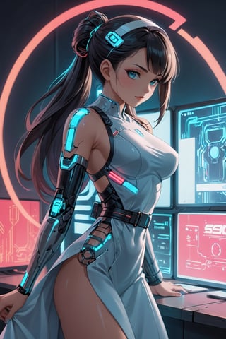 In a cyberpunk fusion with traditional Japanese culture, a young Japanese girl dons a sleek kimono contrasted by a futuristic mechanical arm and intricate piping. The image, likely a digital painting, showcases a blend of old and new elements with a unique twist. The vibrant scene exudes a sense of technological elegance, with neon lights illuminating the girl's stoic expression and the intricate details of her cybernetic enhancements. The high-resolution image captures every intricate detail, from the delicate embroidery on the kimono to the seamless integration of the mechanical arm into the girl's silhouette, creating a visually stunning and thought piece of art.,Cyberpunk geisha