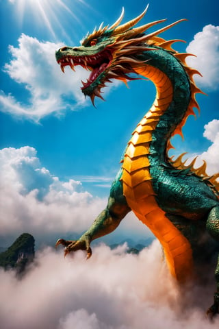 Chinese dragon, soars, winding through the sky, majestic, powerful, detailed, vibrant, elegant, strength and grace, above the clouds, clear blue sky, fluffy white clouds, apex of achievement, recognition, ascendant position, celebrated status.
By FuturEvoLab, (Masterpiece, Best Quality, 8k:1.2), (Ultra-Detailed, Highres, Extremely Detailed, Absurdres, Incredibly Absurdres, Huge Filesize:1.1), ,CHINESE DRAGON