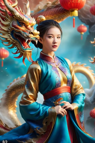 elegant young girl, traditional Chinese dragon, vibrant colors, majestic pose, flying motion, intricate dragon scales, flowing garments, silk textures, celestial background, ornate details, fantasy theme, ethereal atmosphere, dynamic composition, rich cultural elements, mythical vibe, (masterpiece: 2), best quality, ultra highres, original, extremely detailed, perfect lighting,Chinese Dragon,Katon,aotac,daxiushan