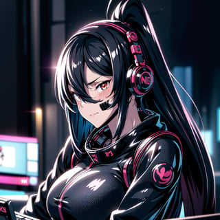 Female Ninja,Black mask,lovely,working on laptop,cyberpunk style,headphones,listening to music,lofi background,keyboard,mouse,LED lights,(best quality,4k,8k,highres,masterpiece:1.2),ultra-detailed,(realistic,photorealistic:1.37),mecha,urban techwear,outfit,3DMM